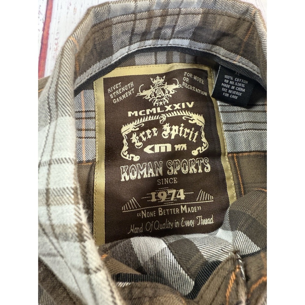 Free Spirt Koman Sports Long Sleeve Button Down Mens Size XL Brown Grey Plaid - Picture 5 of 7